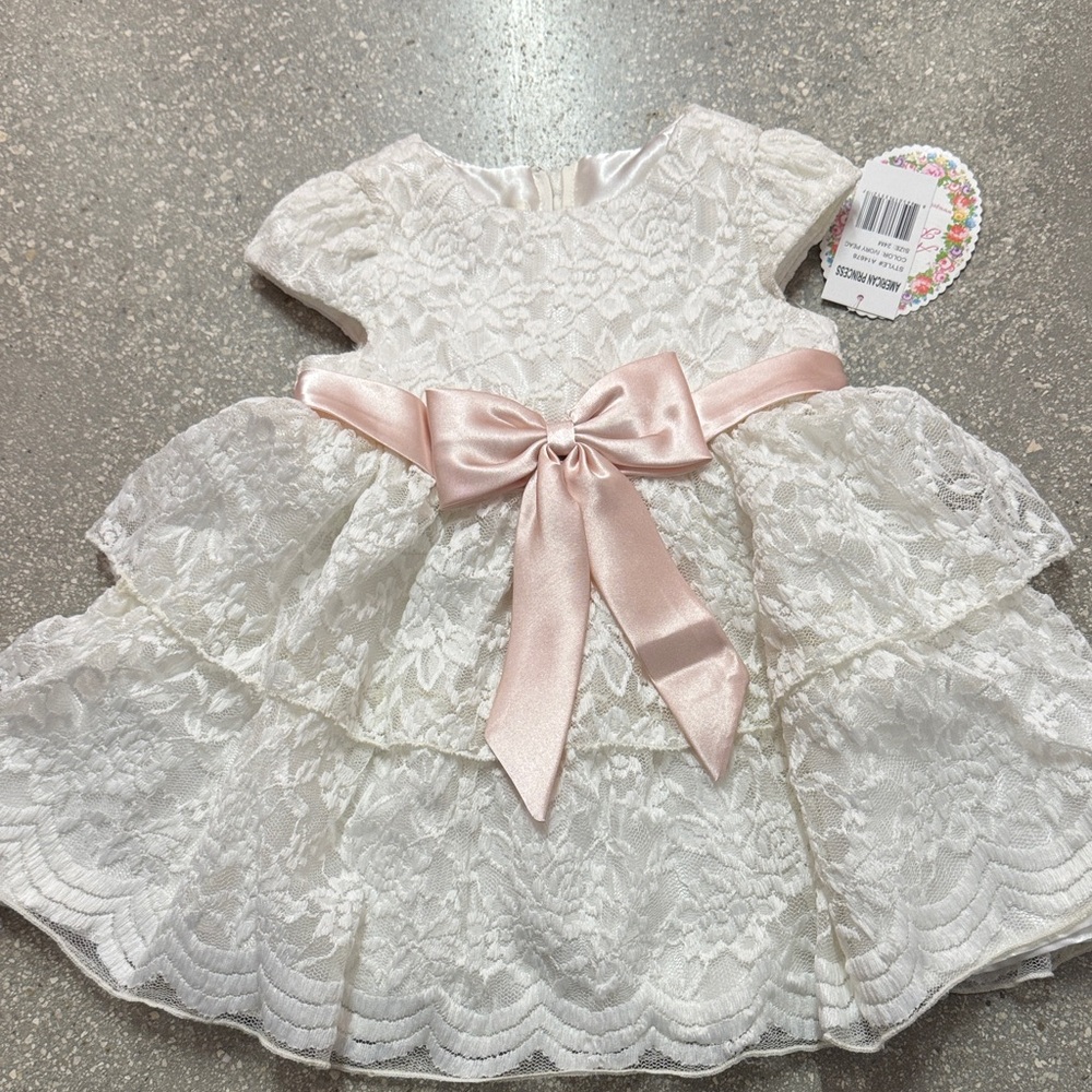 American Princess White Lace Dress with Pink Bow NWT